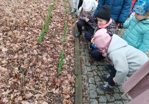 Dzieci przyglądają się oznakom wiosny.