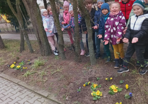 Grupowe zdjęcie dzieci, które cieszą się z posadzonych kwiatów.