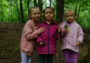 Dziewczynki stoją i pozują do zdjęcia w lesie.