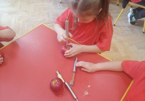 Dziewczynka wykrawa środek z jabłka.