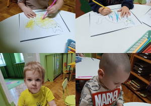 Dzieci kolorują rysunki kotów przy stolikach.